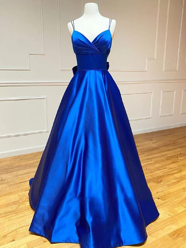 Quick Sale Royal Blue Satin A Line V Neck Long Prom Dress With Bow Tie
