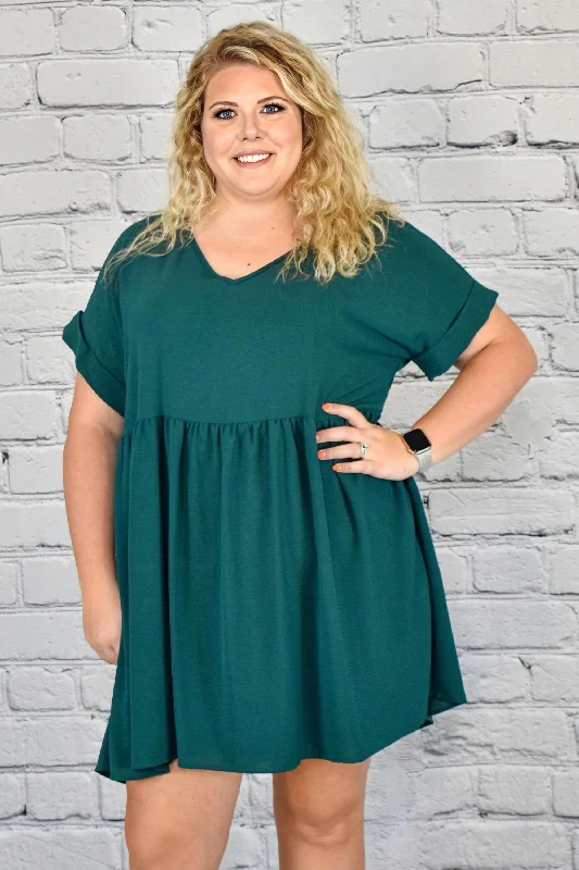 Weekend Deal Solid Rolled Sleeve Basic Babydoll Dress in Plus Size by Entro Clothing