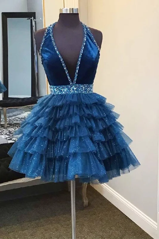 Stock Clearance Blue Halter Multi-Layered Tulle Homecoming Dress