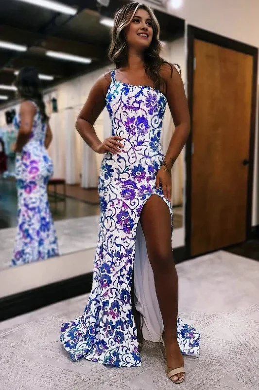 Deal Frenzy Mermaid One Shoulder Sequin Appliques Long Prom Dresses with Slit