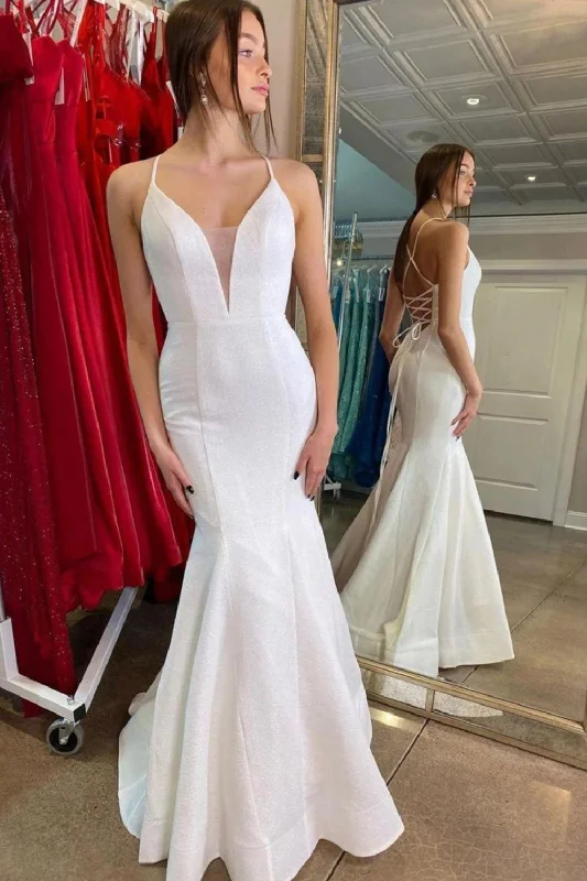 Price Reduction Mermaid Deep V Neck White Bridal Dress with Criss Cross Back