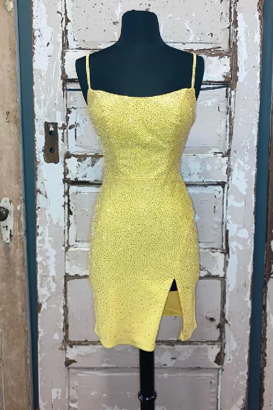 Must-Have Deals Short Tight Yellow Homecoming Dress with Lace Up