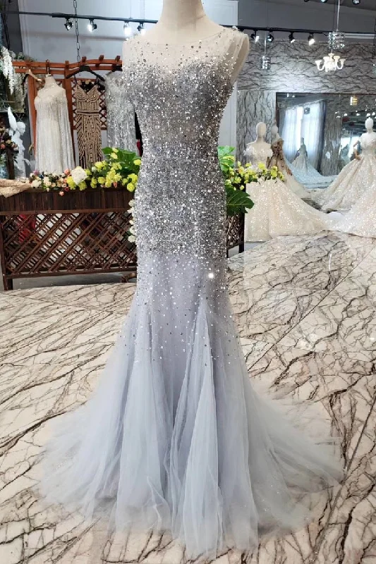 Inventory Reduction Gorgeous Mermaid Tulle Prom Dresses with Sequins Sparkly Sleeveless Evening Dresses N1646
