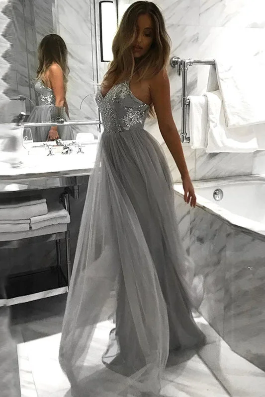 Limited Availability A Line Spaghetti Straps Grey Tulle Appliques Long Prom Dress