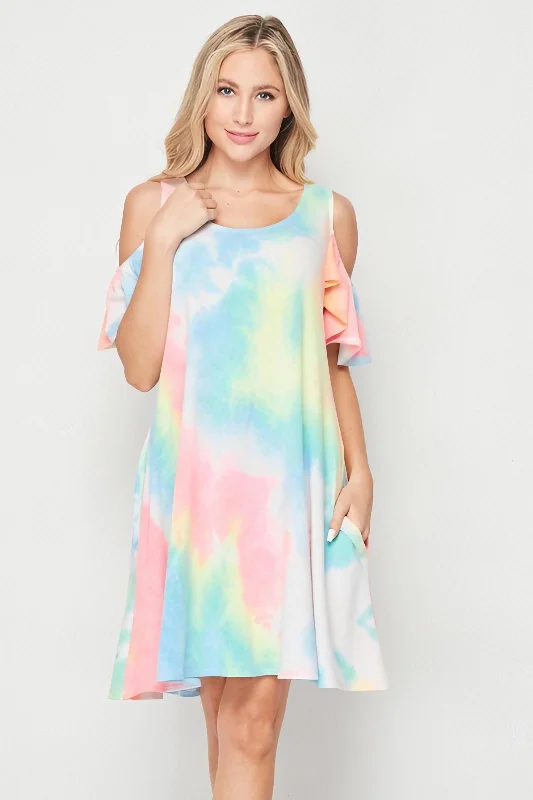 Take Advantage Tie Dye Cold Shoulder Knit Shift Dress