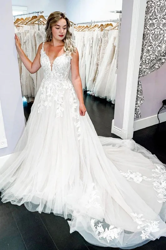 Midnight Madness Charming A Line V Neck White Wedding Dress with Appliques