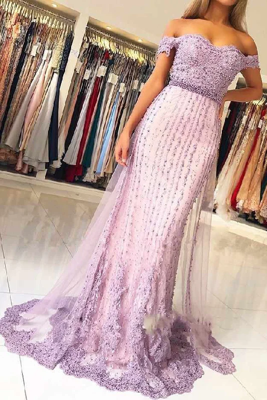 Can't Be Beat Lilac Off the Shoulder Beaded Mermaid Prom Dresses with Appliques