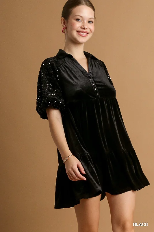 Today's Special Umgee Velvet Dress w/Sequin Sleeves - Black