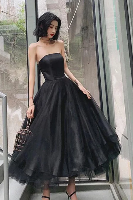 Blowout Deals Black Strapless Tulle Puffy Homecoming Dresses Ankle Length Prom Dresses