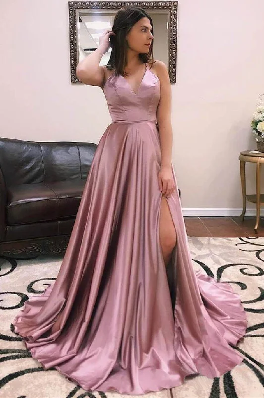 Markdowns V-Neck Sleeveless Long Graduation Dresses  A Line Straps Prom Dresses N1577
