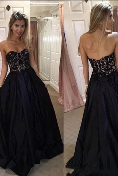 Limited Stock Black Sweetheart Prom Dresses with Lace A Line Strapless Long Graduation Dresses N1726