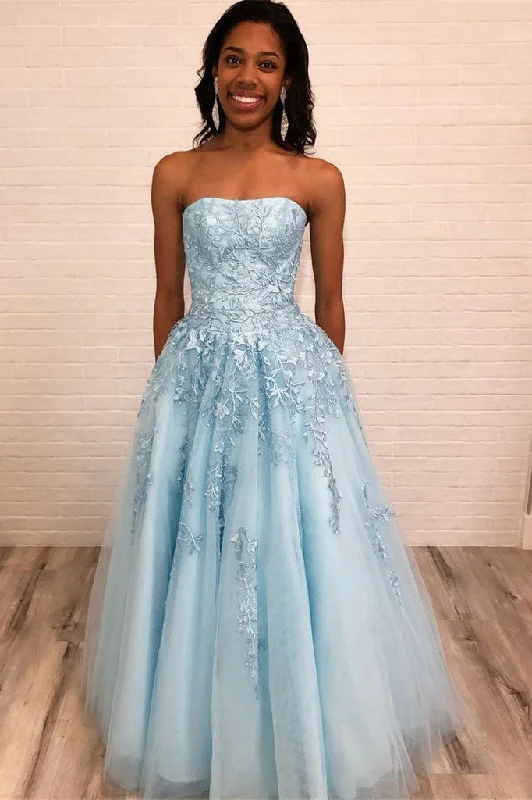 The Best Prices Light Blue Strapless Long Prom Dresses with Lace Appliques N1693
