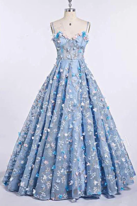 Year-End Clearance Gorgeous Blue Lace Spaghetti Strap With 3D Flower Prom Dresses