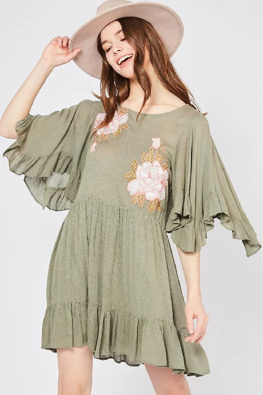 Limited Availability Floral Embroidered Boho Ruffle Hem Dress by Entro