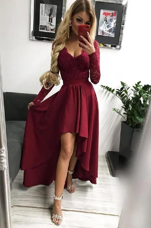 Exclusive Offers A Line Burgundy V-Neck Chiffon Long Sleeves High Low Prom Dress