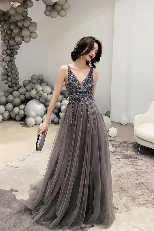 Buy Now Dark Gray V-Neck Sparkly Beading Tulle Prom Dresses with Sequins