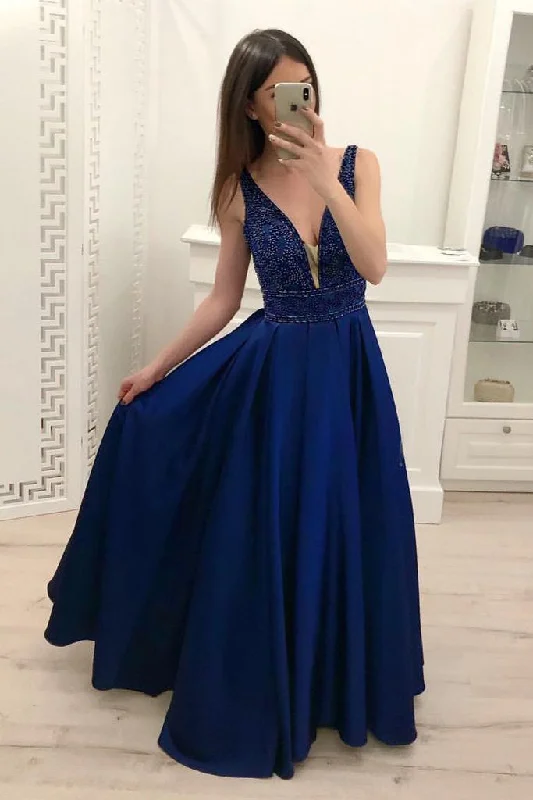 Weekend Deal A Line Sparkly Beading Sleeveless Royal Blue Satin Prom Dresses