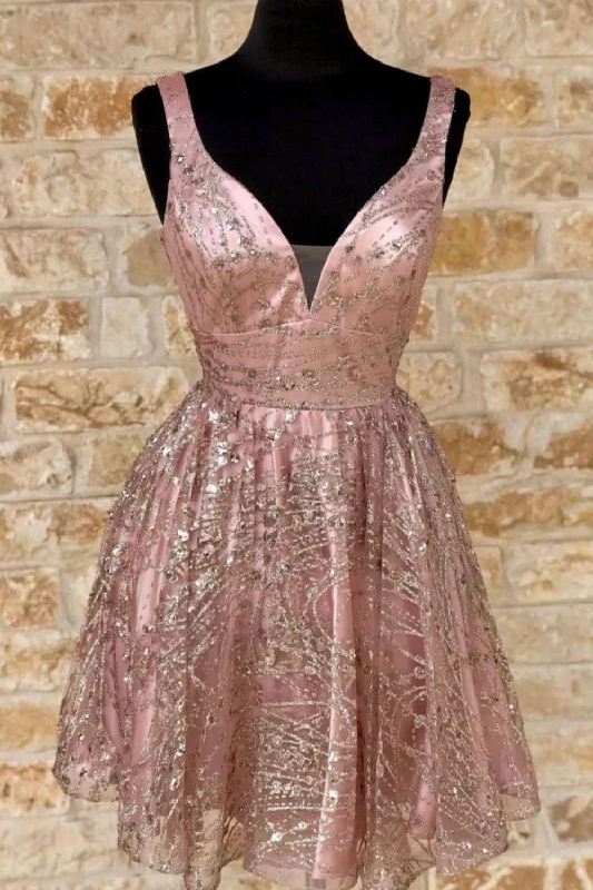 Closeout Sale Gorgeous A-line V-neck Glitter Homecoming Dress