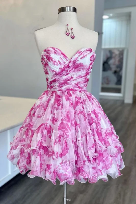 Today’s Special Cute Pink A-Line Sweetheart Short Tiered Print Chiffon Homecoming Dress