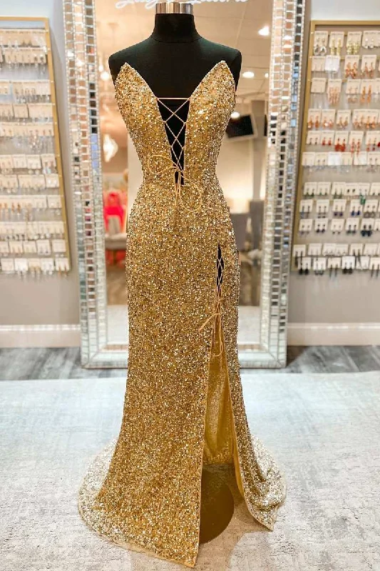 Mega Sale Gold Sequin Strapless Lace-Up Front Long Prom Dress with Slit