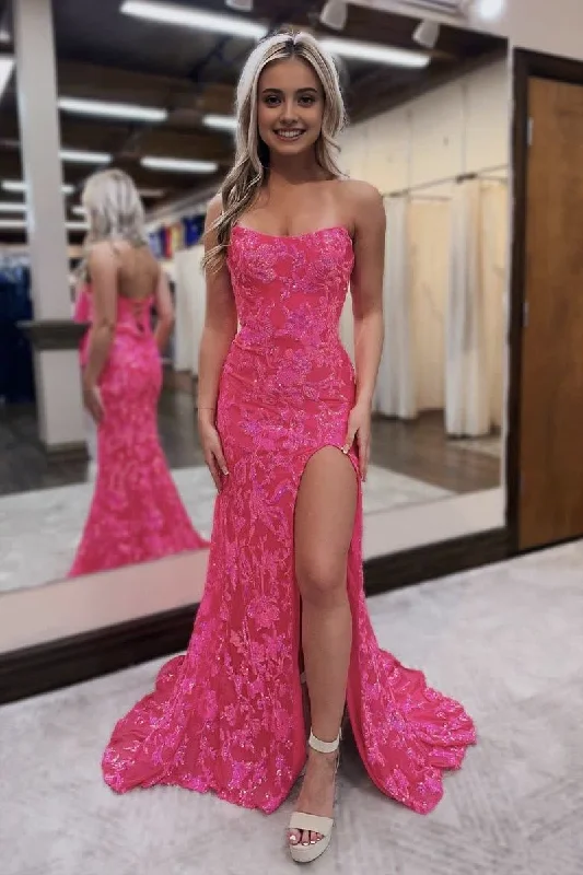 Savings Bonanza Fuchsia Strapless Sequins Lace Mermaid Prom Dresses with Slit