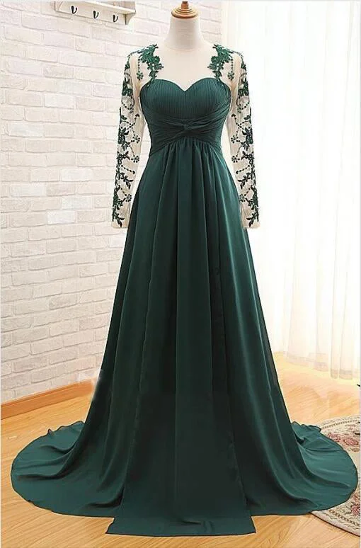 Buy More, Save More Dark Green Long Sleeves Long Evening Dress with Appliques