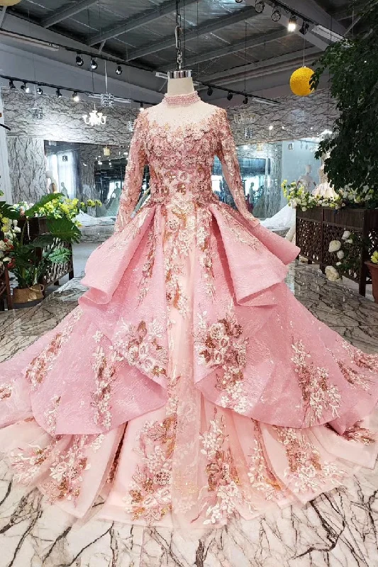 Huge Discounts Pink New Prom Dresses Long Sleeves Ball Gown With Applique&Beads Quinceanera Dresses N1641