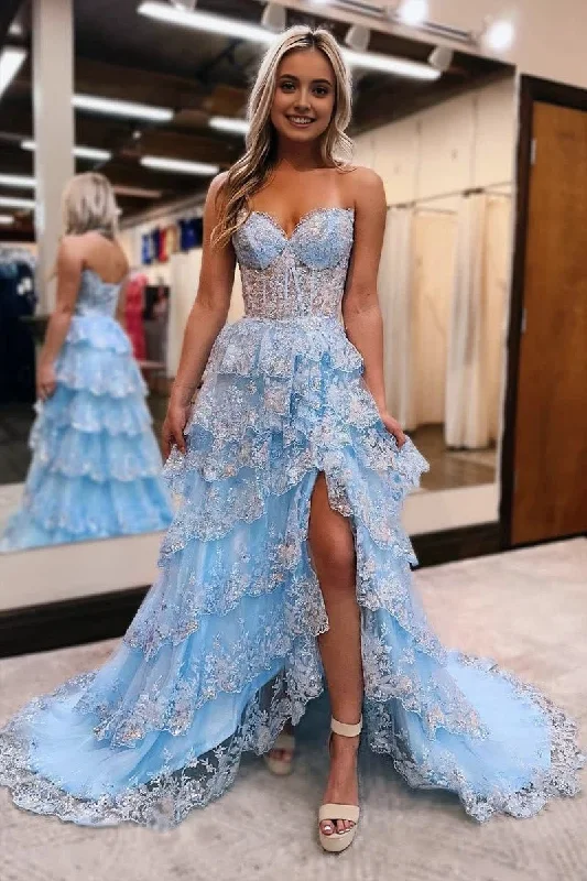 Bonus Savings Light Blue Strapless Ruffle Tiered Long Prom Dress with Slit