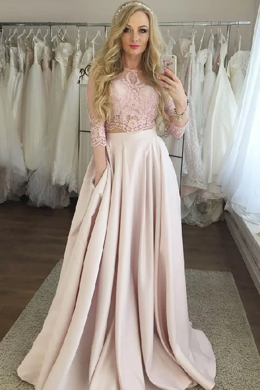 Stock Clearance Pearl Pink Two Piece Prom Dresses with Lace 3/4 Sleeves Long Formal Dresses with Pockets N1611