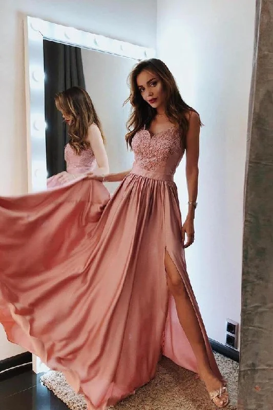 Year-End Sale Charming Spaghetti Straps Lace Long Prom Dresses with Side Slit