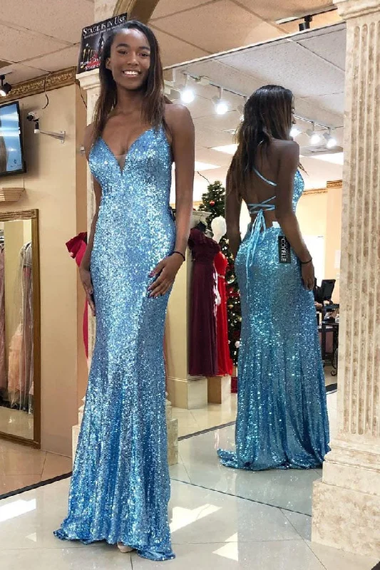 Savings Galore Spaghetti Strap V-Neck Sheath Sky Blue Sequin Sparkly Prom Dresses