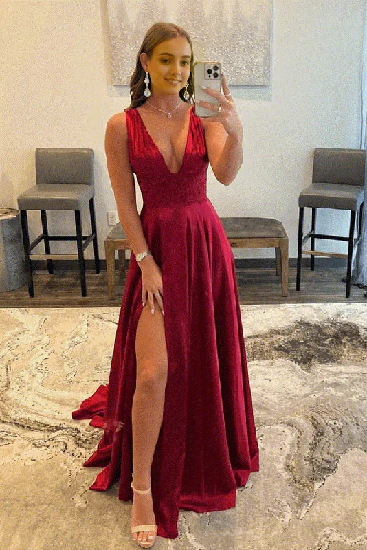 Act Now Burgundy V Neck Lace Long Prom Evening Dress with High Slit