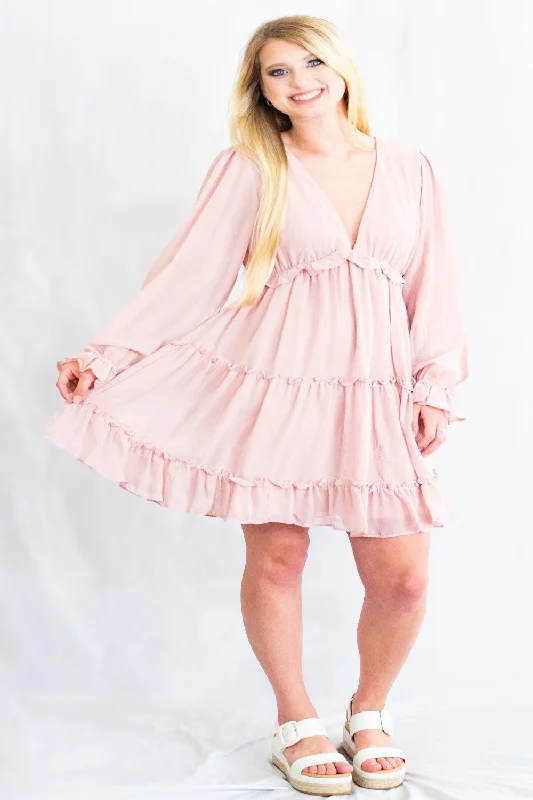 Price Reduction Open Back Crinkled Chiffon Long Sleeve Tiered Dress by She + Sky