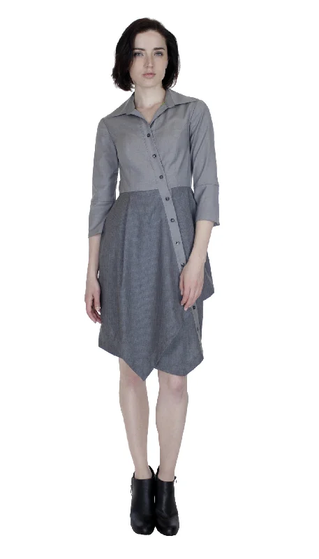 Flash Sale Asym Placket Double Tier Colorblock Shirtdress