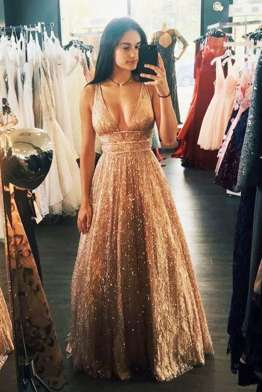 Online Only Sparkly Deep V-Neck Sleeveless Floor Length Prom Dresses A Line Long Formal Dresses N1699