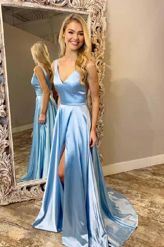 Discount Extravaganza A Line Light Blue Sleeveless V-Neck Simple Prom Gown N1708