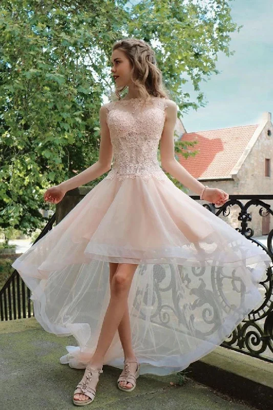 Deal Zone Elegant Sleeveless Tulle Lace Appliqued High Low Pink Prom Dresses N2206