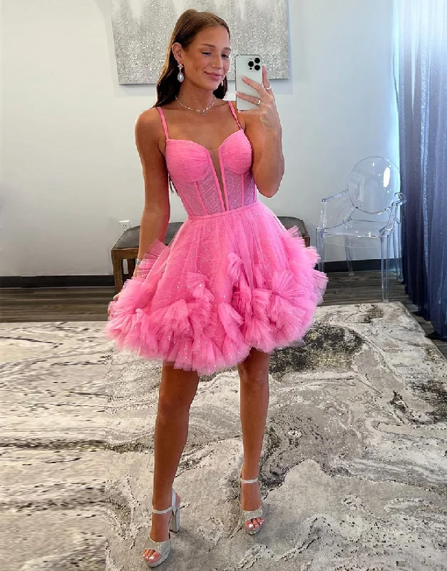 Deal Dash Charming Hot Pink A-Line Lace Up Tulle Homecoming Dress