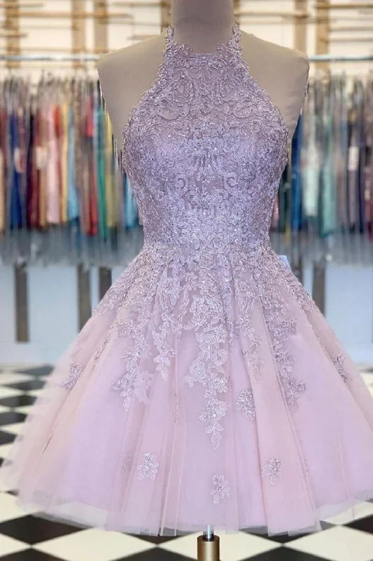 Deal Mania A-line Halter Homecoming Dress With Applique And Beading