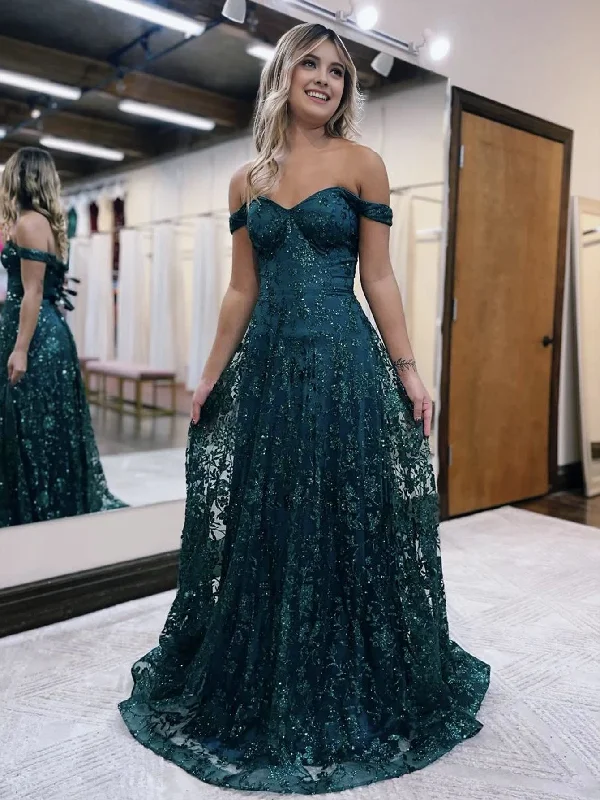 Mega Sale Glitter Mermaid Off The Shoulder Dark Green Long Prom Dress