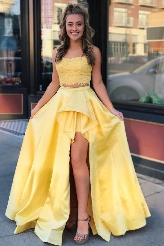 Lowest Prices A Line Two Pieces Lace Top Satin Skirt with Ruffled Side Opening Prom Dresses