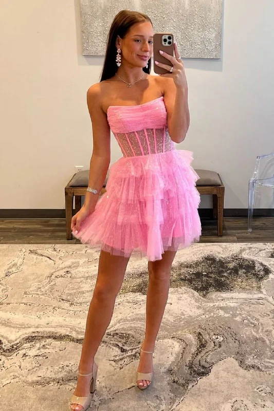 Mega Deal Glitter Pink A-Line Strapless Short Tiered Tulle Homecoming Dress