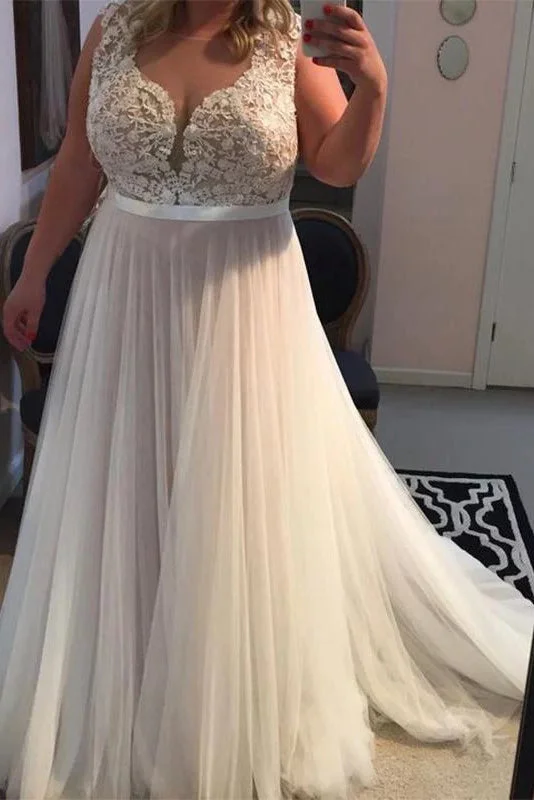 Limited Quantity A-Line Sleeveless Tulle Plus Size Lace Appliques Prom Dress N2219