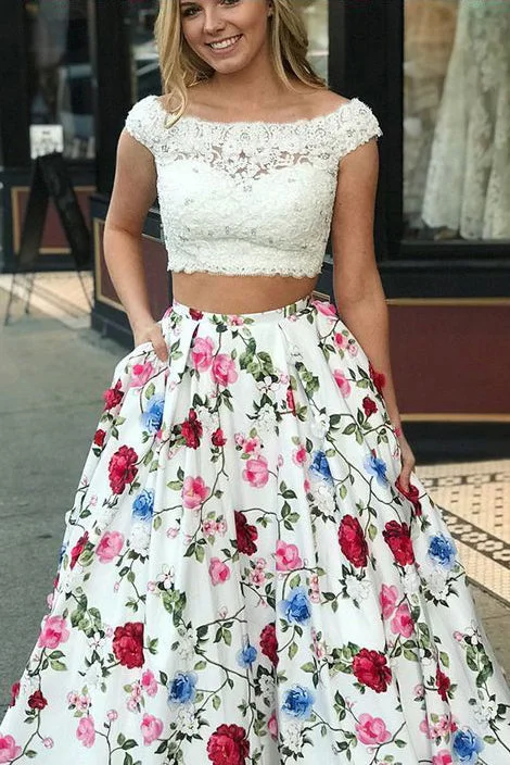 Take Advantage Two Piece Cap Sleeves Floral Dresses with Lace New Style Backless Prom Dresses N1733 Take Advantage Two Piece Cap Sleeves Floral Dresses with Lace New Style Backless Prom Dresses N1733