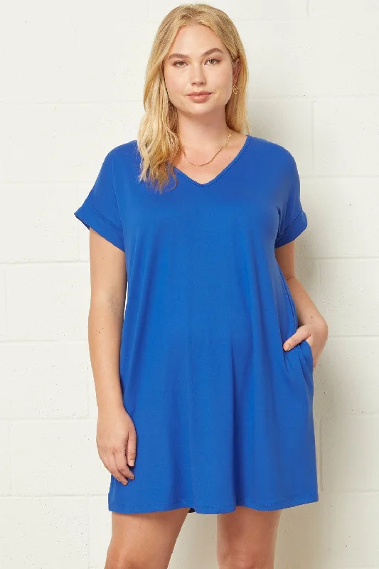 Price Rollback Cuffed Sleeve V-Neck T-Shirt Dress with Pockets in Plus Size by Entro
