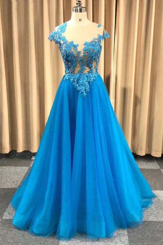 YEAR-End Clearance Blue Sheer Neck Appliqued Tulle Prom Gowns A Line Cap Sleeves Long Grduation Dresses N1748