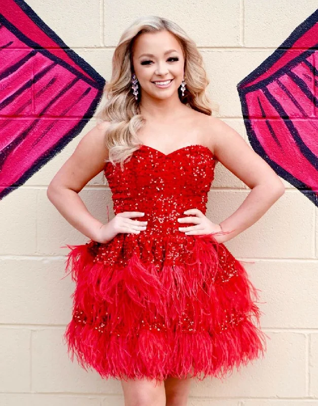 Price Meltdown Red Sequin Strapless Short Homecoming Dress With Feather