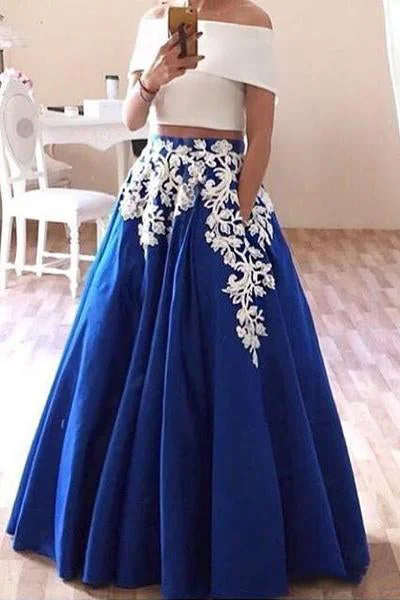 Price Meltdown New Off the Shoulder Two Piece Prom Dresses Floor Length Blue Formal Dresses N1563