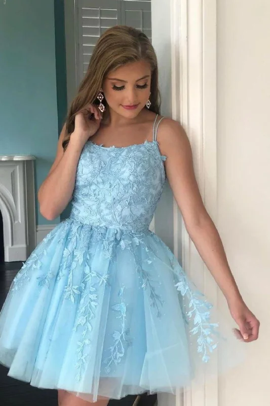 Huge Discounts Blue A-line Corset Back Homecoming Dress With Applique