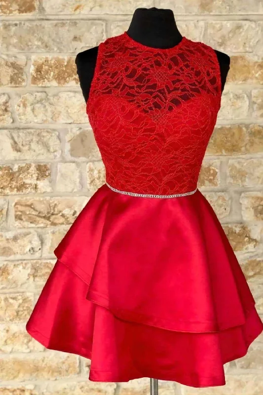 Amazing Deals Red A-linec Satin And Lace Homecoming Dress With Belt